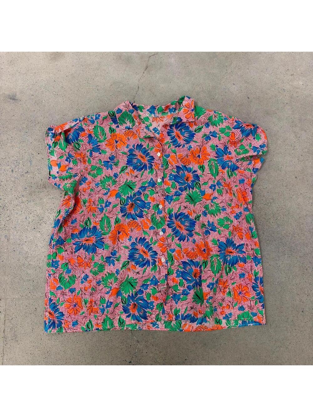 True Vintage 70s Floral Gingham Button Down Short Sleeve Blouse Size Large